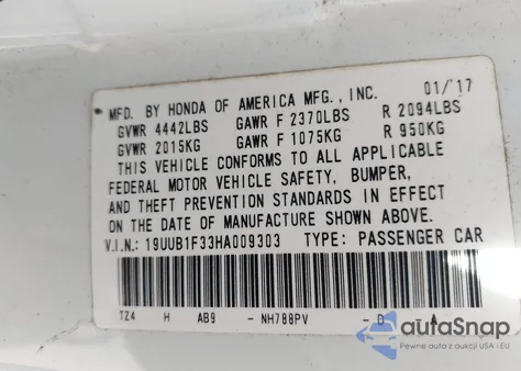 2017 Acura Tlx z USA, uszkodzony, nr VIN 19UUB1F33HA009303